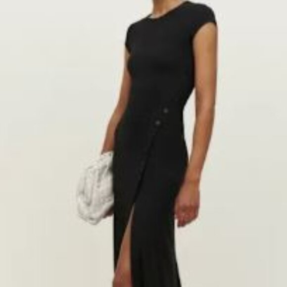 Reformation Black Bodycon Maxi Dress with front buttons and high slit. - Picture 2 of 4